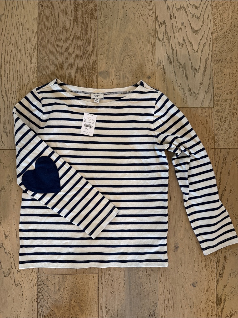 J. Crew Navy & White XS Striped Long-Sleeve Top with Heart Elbow Patch
